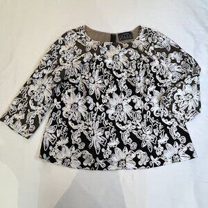 Alex Evenings 3/4 Sleeve Blouse Black White Floral Ribbon Design Like New Sz M/L